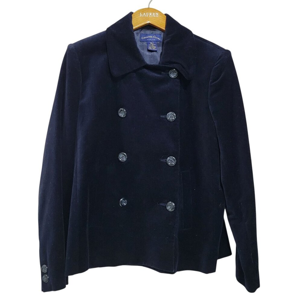 Charter Club Velvet Peacoat Womens PL Midnight Blue Academia Whimsigoth Preppy